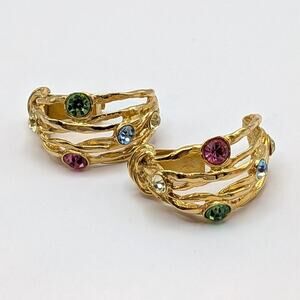 VTG Les Bernard Gold Tone MultiColor Rhinestone Clip On Chunky Crescent Earrings